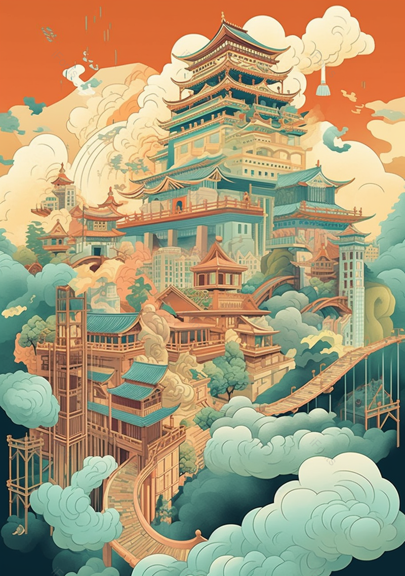 复古建筑云纹古风风景背景,插画/手绘图,插画/手绘图库,插画/手绘图下载,插画/手绘